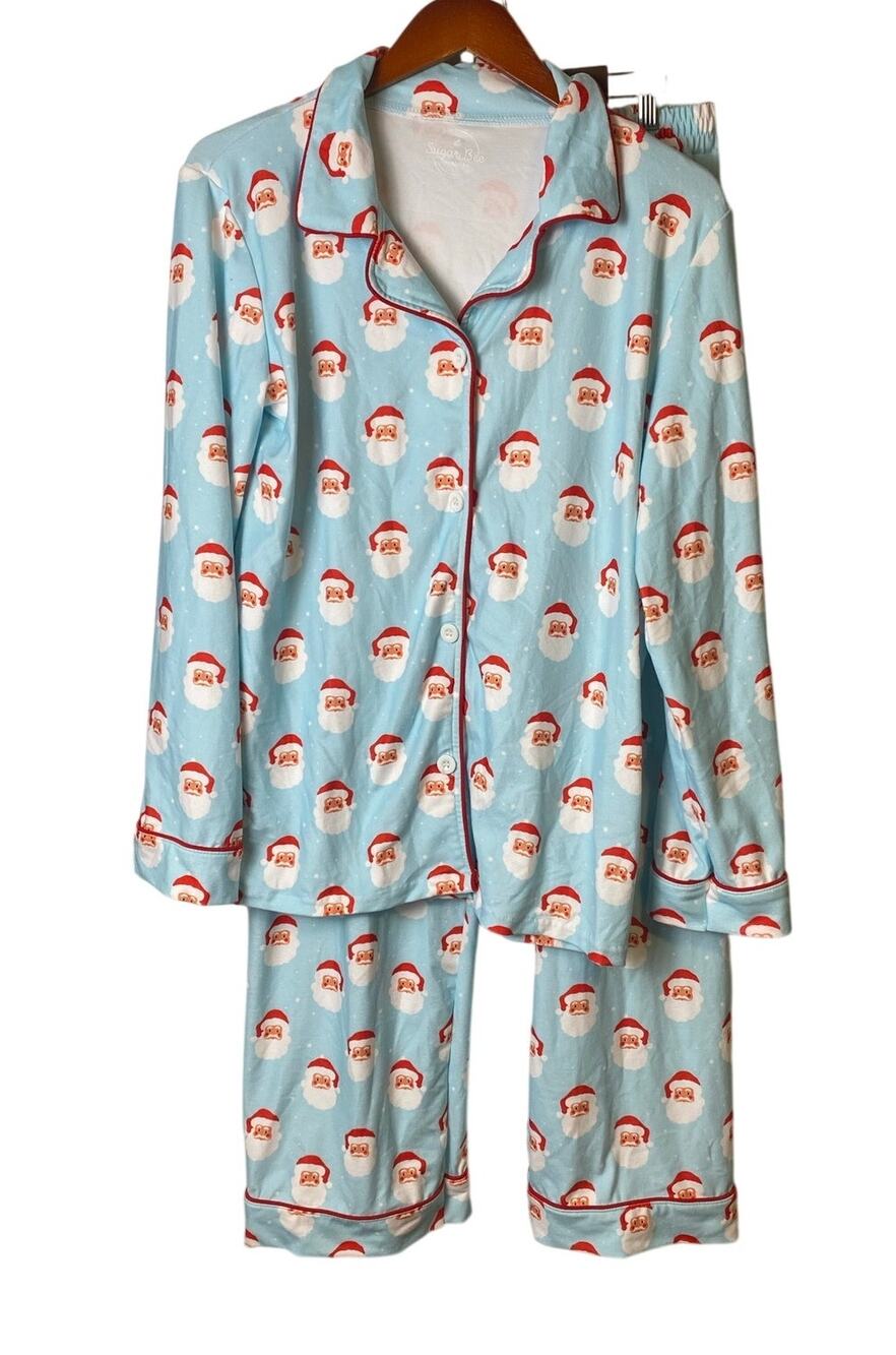 Sugar Bee Clothing Light Blue Santa Pajama Set Top and Pant Women's Size Large